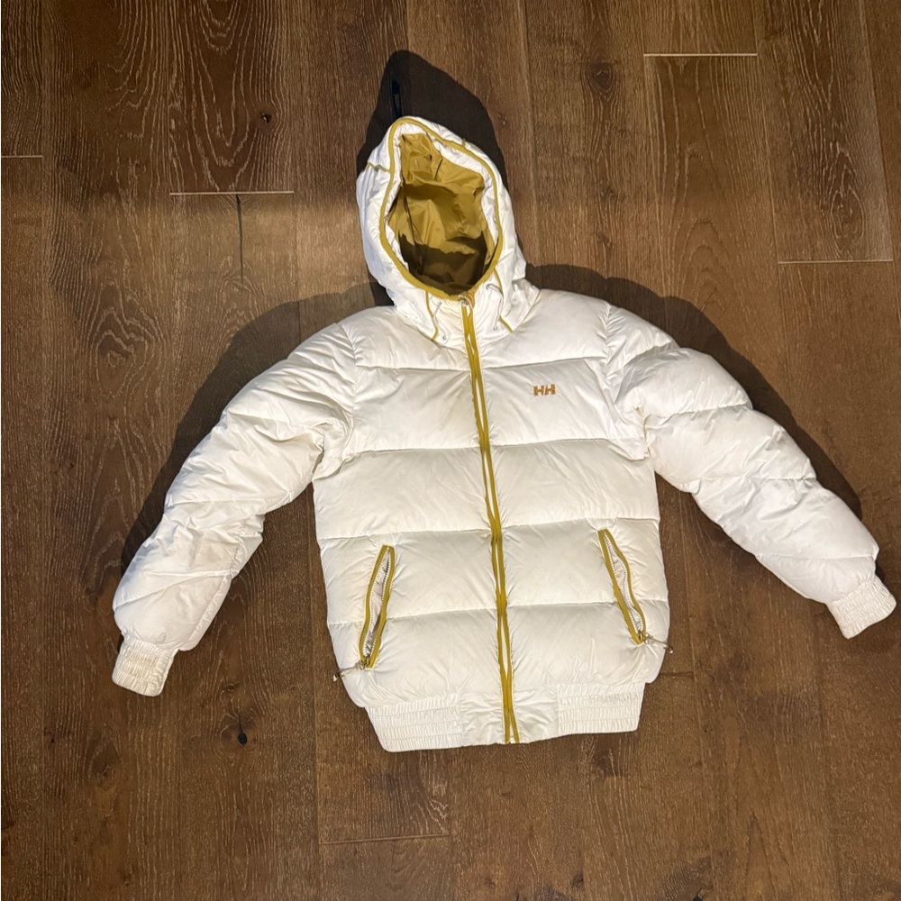 Helly Hansen White Puffer Jacket with Gold Accents